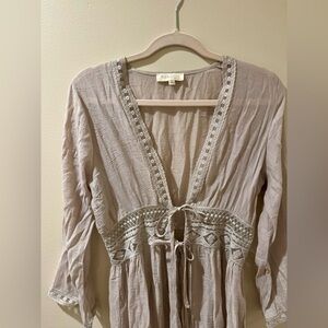 Rebellion Again Beige Boho Lace Semi Sheer Kimono Open Front Duster Cover Up S